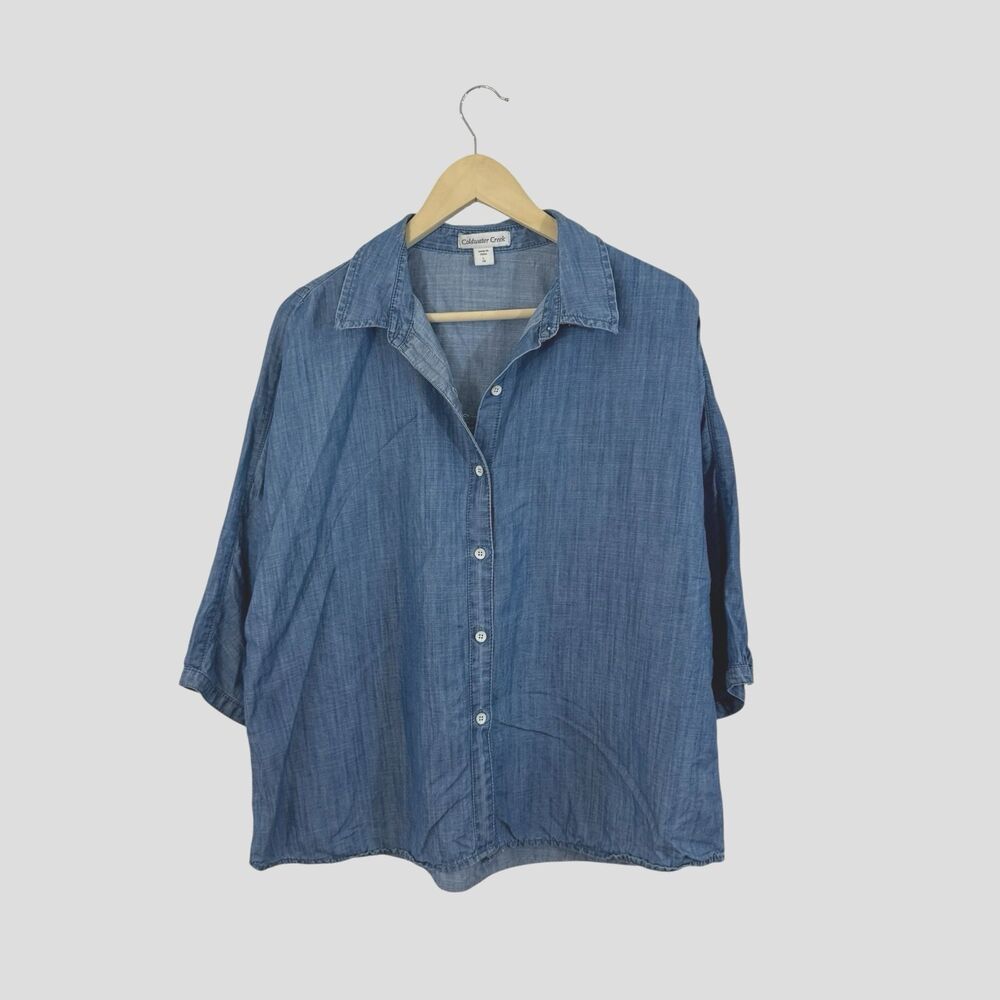 Coldwater Creek Large Button Up Top 1/2 Sleeve Blue Cotton Chambray Womens